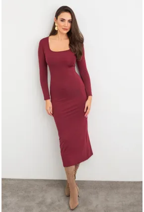 Kadın Mürdüm Kare Yaka Midi Elbise XC8102