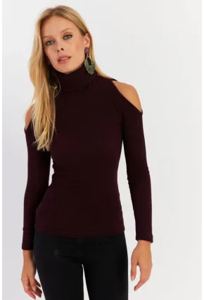 Kadın Mürdüm Omuzları Açık Kaşkorse Bluz HOR04