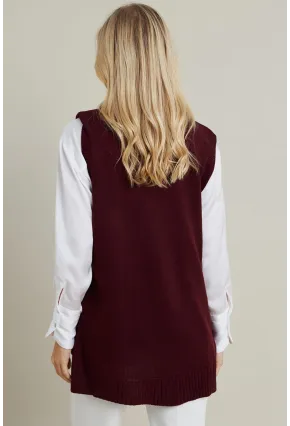 Kadın Mürdüm Yanları Düğmeli Kolsuz Triko Tunik YV75