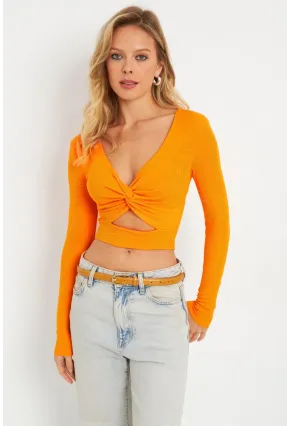 Kadın Önü Düğümlü Crop Bluz Turuncu AYD287