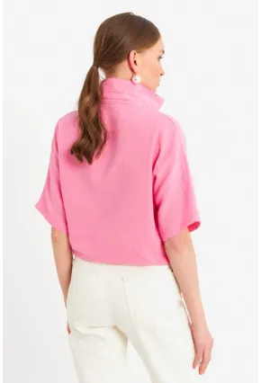 Kadın Pembe Bağlamalı Keten Bluz BTH16