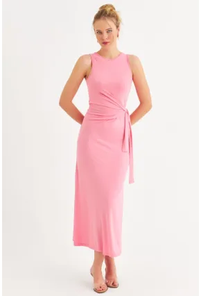 Kadın Pembe Büzgülü Kolsuz Midi Elbise TF75