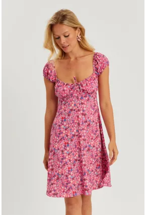 Kadın Pembe Çiçekli Mini Elbise GÇ165