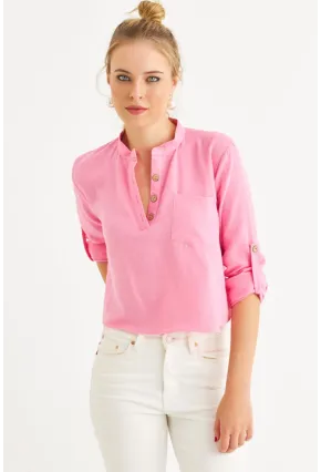 Kadın Pembe Düğmeli Keten Gömlek Bluz BTH17