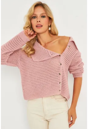Kadın Pembe Geniş Yakalı Triko Hırka MİW4571