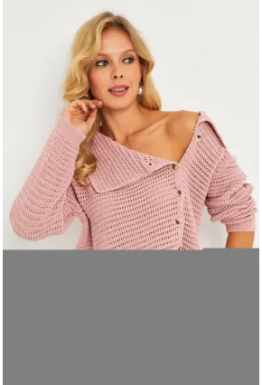 Kadın Pembe Geniş Yakalı Triko Hırka MİW4571