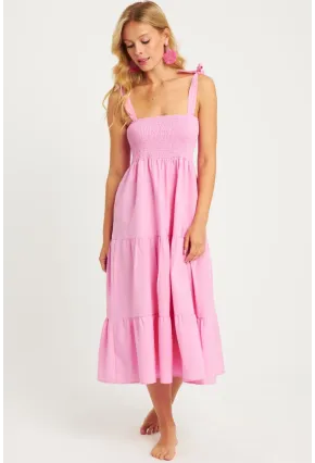 Kadın Pembe Gipeli Volanlı Midi Elbise SGT407