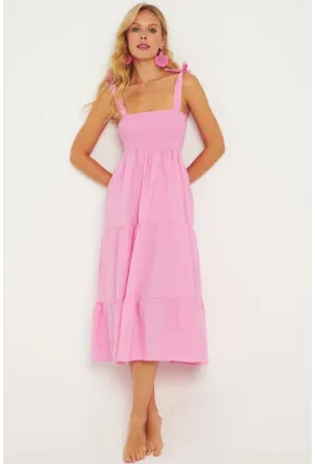 Kadın Pembe Gipeli Volanlı Midi Elbise SGT407