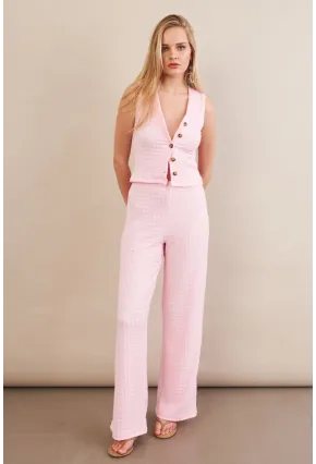 Kadın Pembe Gofre Yelek Pantalon Takım FLU330