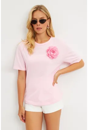 Kadın Pembe Gül Aksesuarlı T-Shirt SF12721