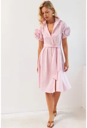 Kadın Pembe Gül Detaylı Midi Gömlek Elbise SF12812