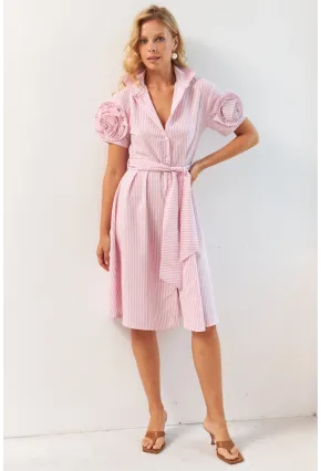 Kadın Pembe Gül Detaylı Midi Gömlek Elbise SF12812