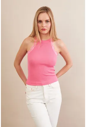 Kadın Pembe Halter Yaka Dantelli Bluz MK04
