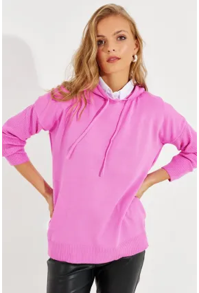 Kadın Pembe Kapüşonlu Cepli Triko Kazak YZ520