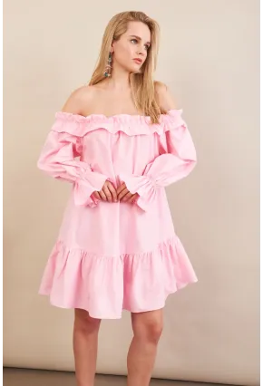 Kadın Pembe Madonna Yaka Midi Elbise PSG1012