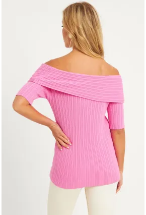 Kadın Pembe Madonna Yaka Triko Bluz KZ538
