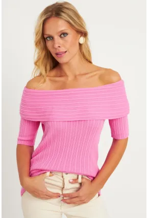 Kadın Pembe Madonna Yaka Triko Bluz KZ538