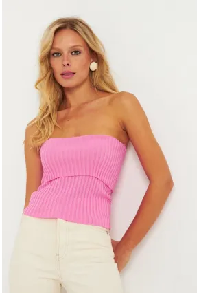 Kadın Pembe Straplez Triko Bluz YV240