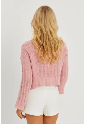 Kadın Pembe V Yaka Ajurlu Triko Bluz YV233