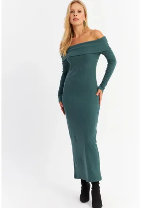 Kadın Petrol Madonna Yaka Kaşkorse Maxi Elbise HOL1