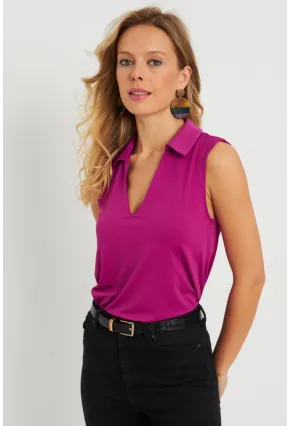 Kadın Polo Yaka Bluz Fuşya AYD276