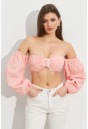 Kadın Pudra Balon Kol Crop Bluz ROP111