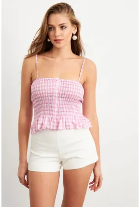 Kadın Pudra Ekose Lastikli Crop Bluz MTK13397