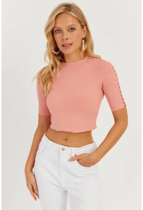 Kadın Pudra Kolları İncili Crop Bluz AYD298