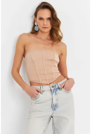 Kadın Pudra Straplez Crop Bluz B6081