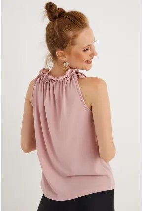 Kadın Pudra Yakası Fırfırlı Kolsuz Bluz BTH01