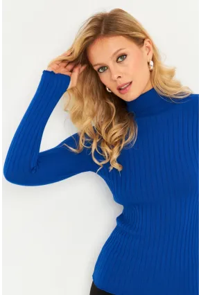 Kadın Saks Balıkçı Yaka Eldivenli Triko Bluz HNT03