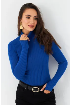 Kadın Saks Balıkçı Yaka Triko Bluz MYV102-90