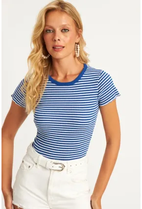 Kadın Saks-Beyaz Çizgili Bluz XL2005