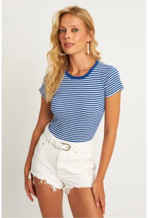 Kadın Saks-Beyaz Çizgili Bluz XL2005