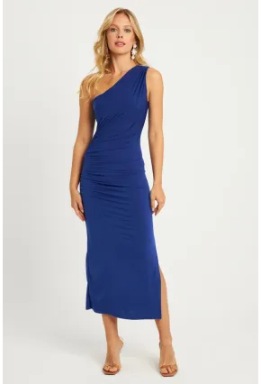 Kadın Saks Büzgülü Yırtmaçlı Midi Elbise MON134