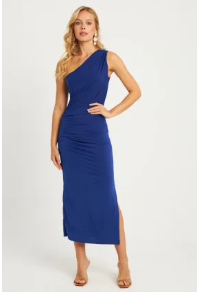 Kadın Saks Büzgülü Yırtmaçlı Midi Elbise MON134