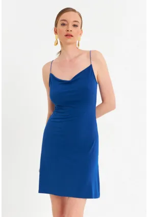 Kadın Saks Degaje Basic Mini Elbise YDF100