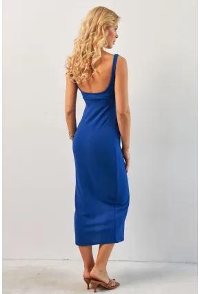 Kadın Saks Fiyonk Detaylı Yırtmaçlı Midi Elbise KED4283