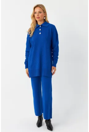 Kadın Saks İnci Düğmeli Triko Alt Üst Takım MNUV33