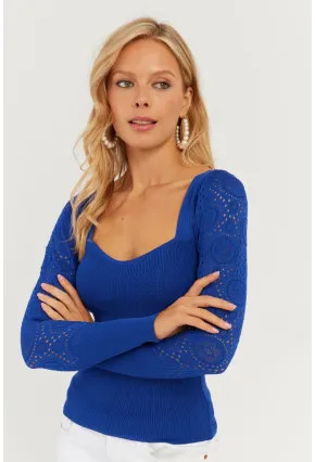 Kadın Saks Kalp Yaka Ajurlu Triko Bluz SMT217