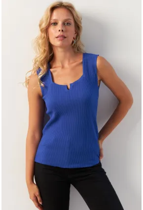 Kadın Saks Kare Yaka Triko Bluz SMT243