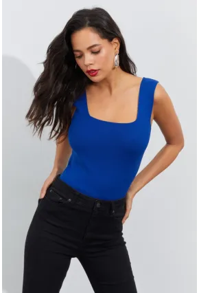 Kadın Saks Kare Yaka Triko Bluz YV87