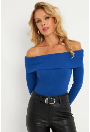 Kadın Saks Madonna Yaka Kaşkorse Bluz XL2210