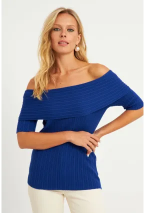 Kadın Saks Madonna Yaka Triko Bluz KZ538