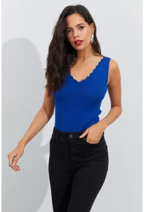 Kadın Saks Merdiven Yaka Triko Bluz YV83