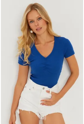 Kadın Saks Önü Büzgülü V Yaka Bluz AYD309