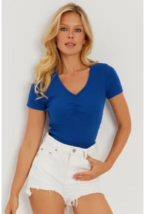 Kadın Saks Önü Büzgülü V Yaka Bluz AYD309