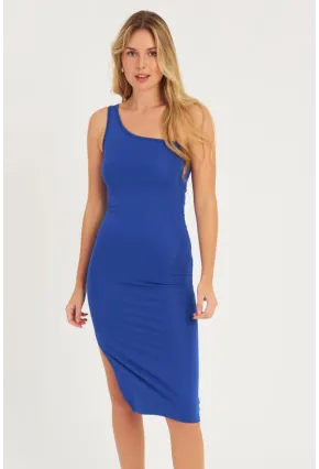 Kadın Saks Tek Omuz Midi Elbise CG343