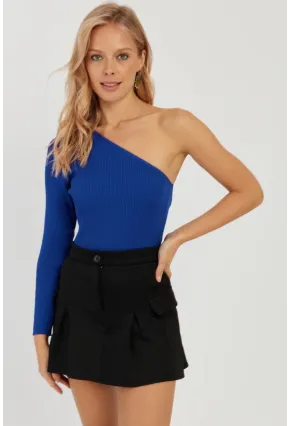 Kadın Saks Tek Omuz Triko Bluz YV204