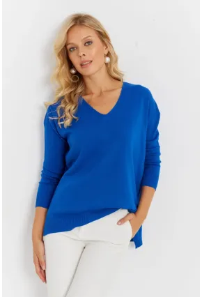 Kadın Saks V Yaka Triko Kazak YİL549